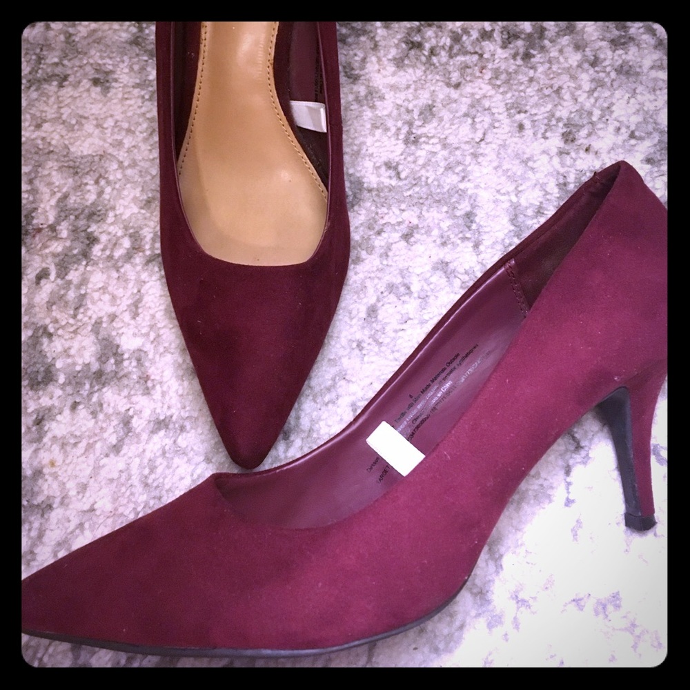 Burgundy faux suede kitten heels
